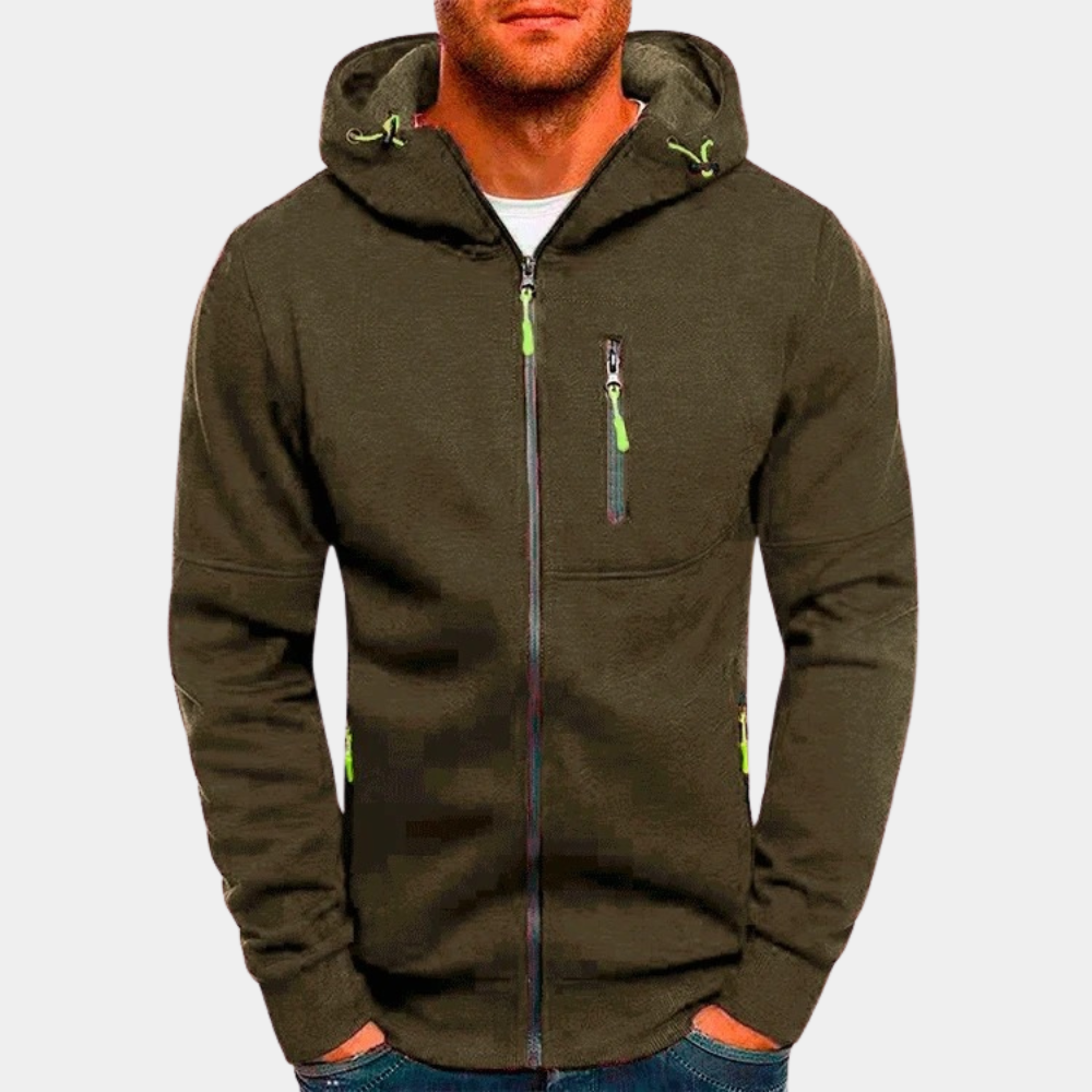 Design felpa uomo con cappuccio, cerniera intera e tasche con zip. Perfetta per un look casual-sportivo.