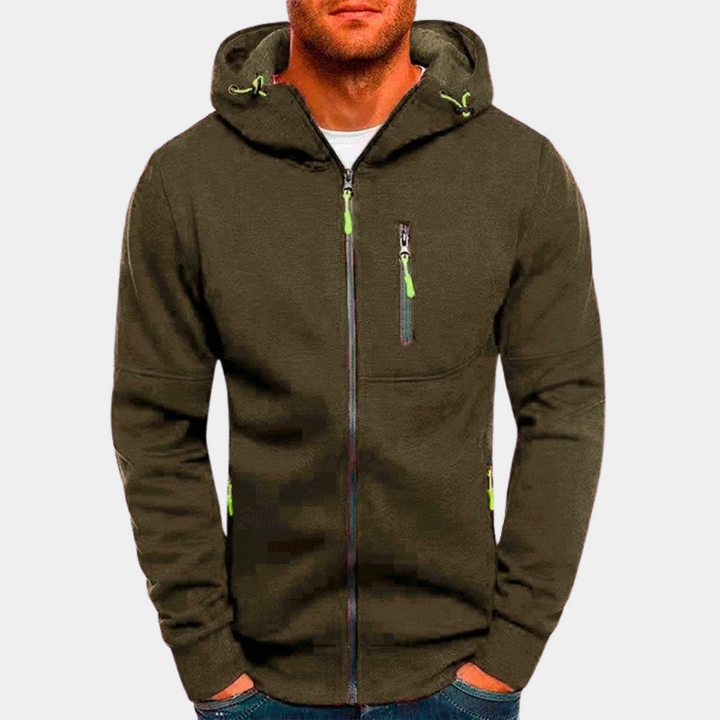Design felpa uomo con cappuccio, cerniera intera e tasche con zip. Perfetta per un look casual-sportivo.
