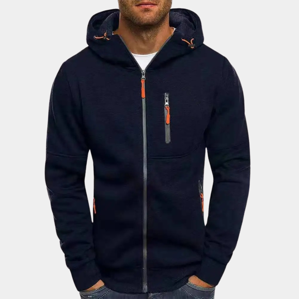 Felpa uomo con cappuccio, cerniera, tasche zip. Abbigliamento casual e comfort per moda sportiva e tempo libero.