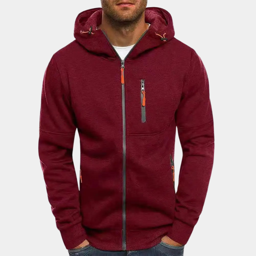 Felpa da uomo con cappuccio, cerniera e tasche zip. Ideale per comfort quotidiano, strato e stile casual.