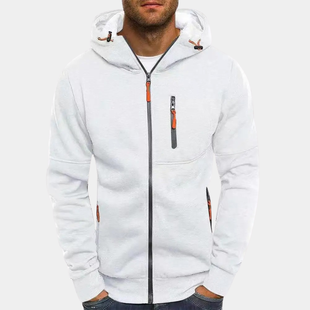 Felpa uomo con cappuccio e cerniera. Tasche zip sicure. Perfetta per tempo libero, sport e abbigliamento comodo.