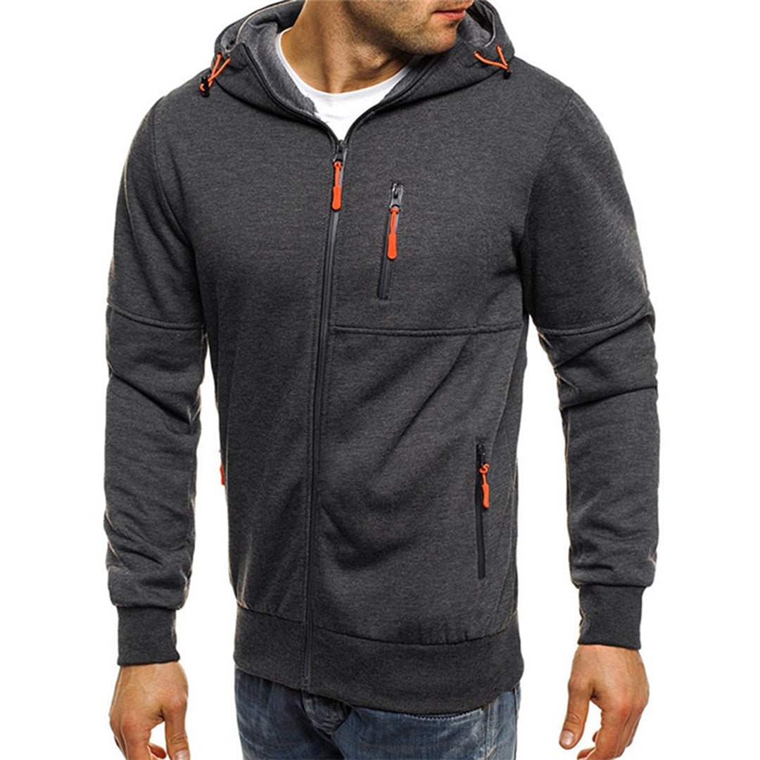 Felpa sportiva da uomo con cappuccio, zip frontale e tasche. Ottima per attività o relax in stile casual.