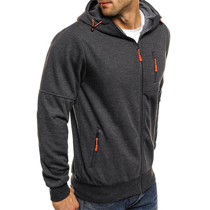 Felpa da uomo sportiva con cappuccio regolabile, cerniera robusta e pratiche tasche zip.