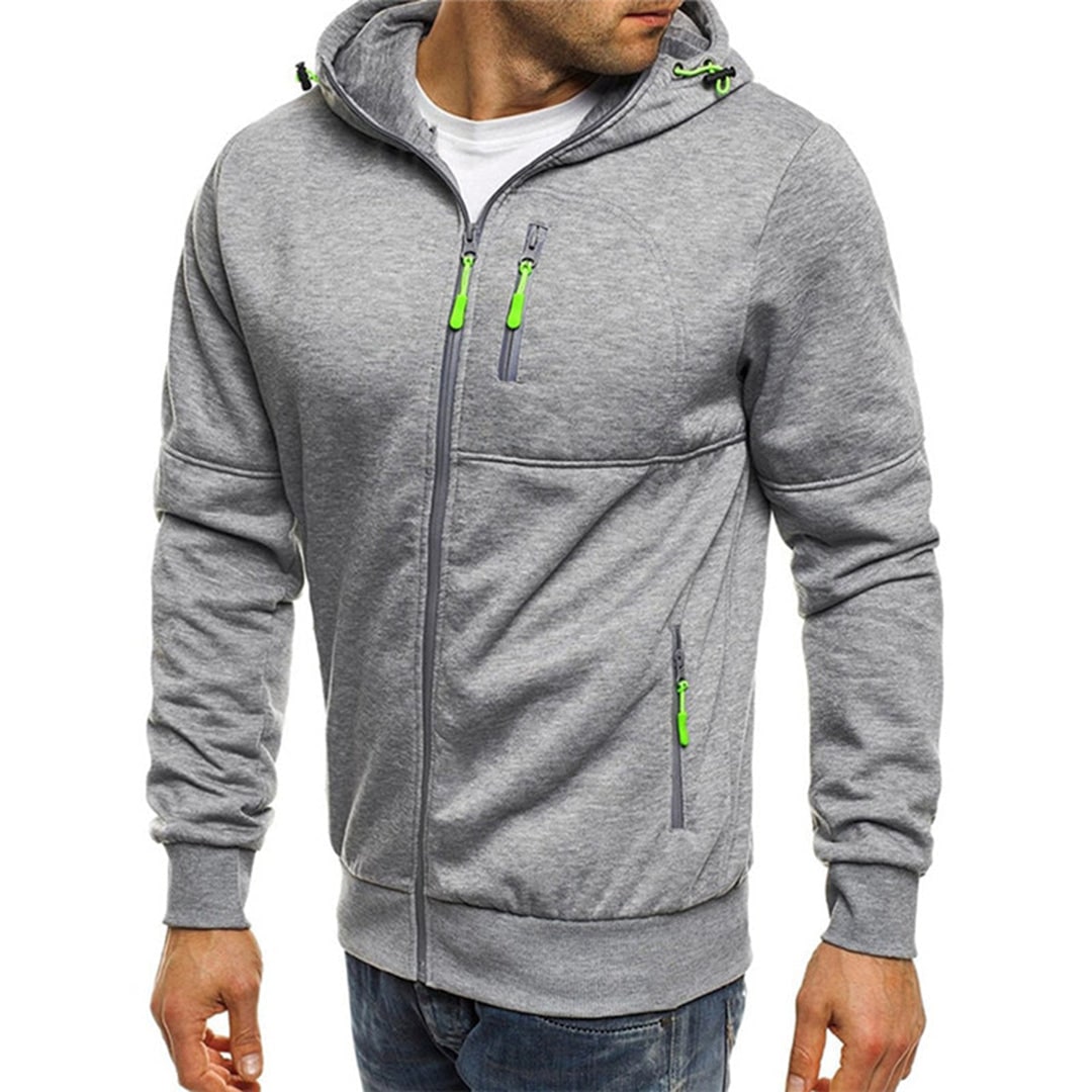Felpa uomo moderna con cappuccio, zip completa e tasche con cerniera per sicurezza. Perfetta per moda casual.