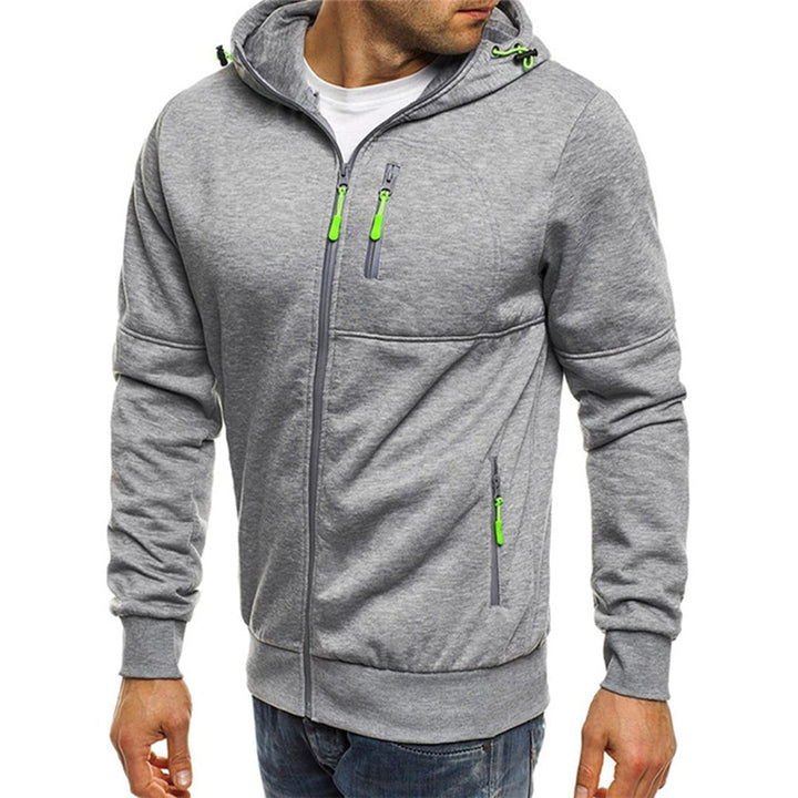 Felpa uomo moderna con cappuccio, zip completa e tasche con cerniera per sicurezza. Perfetta per moda casual.