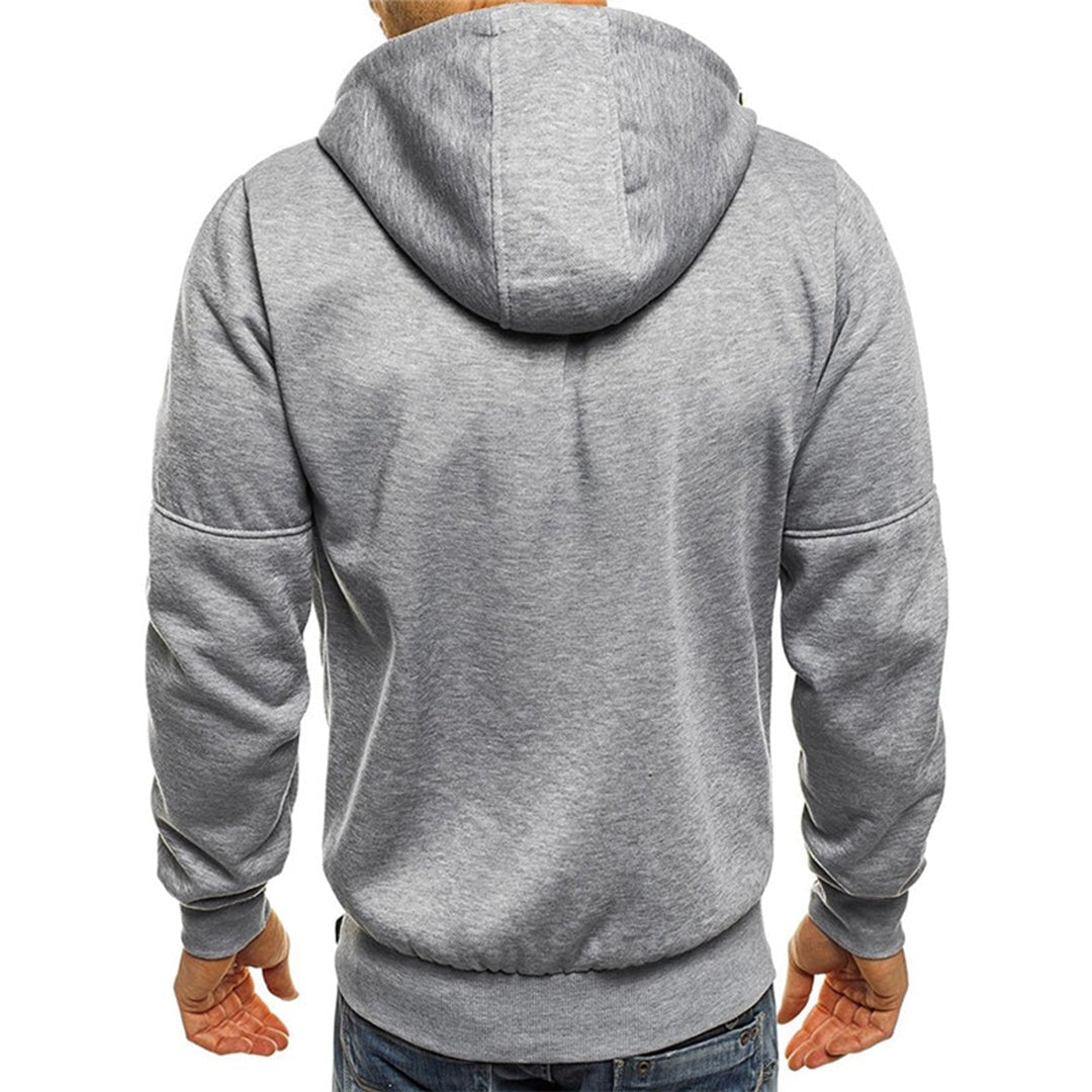 Felpa uomo casual con cappuccio, zip frontale e tasche zip. Versatile per sport, tempo libero e moda urbana.
