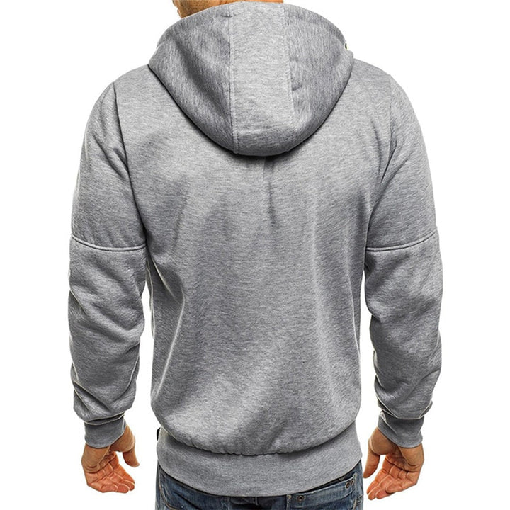 Felpa uomo casual con cappuccio, zip frontale e tasche zip. Versatile per sport, tempo libero e moda urbana.