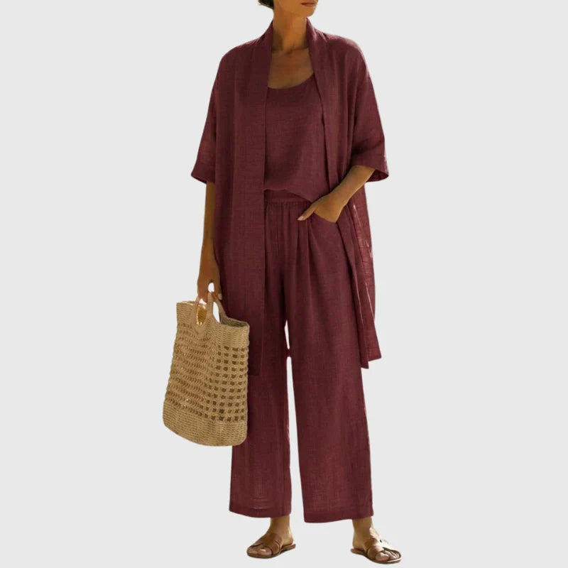 Completo casual donna 3 pezzi in lino, perfetto per l'estate: pantaloni palazzo, top semplice e cardigan aperto.