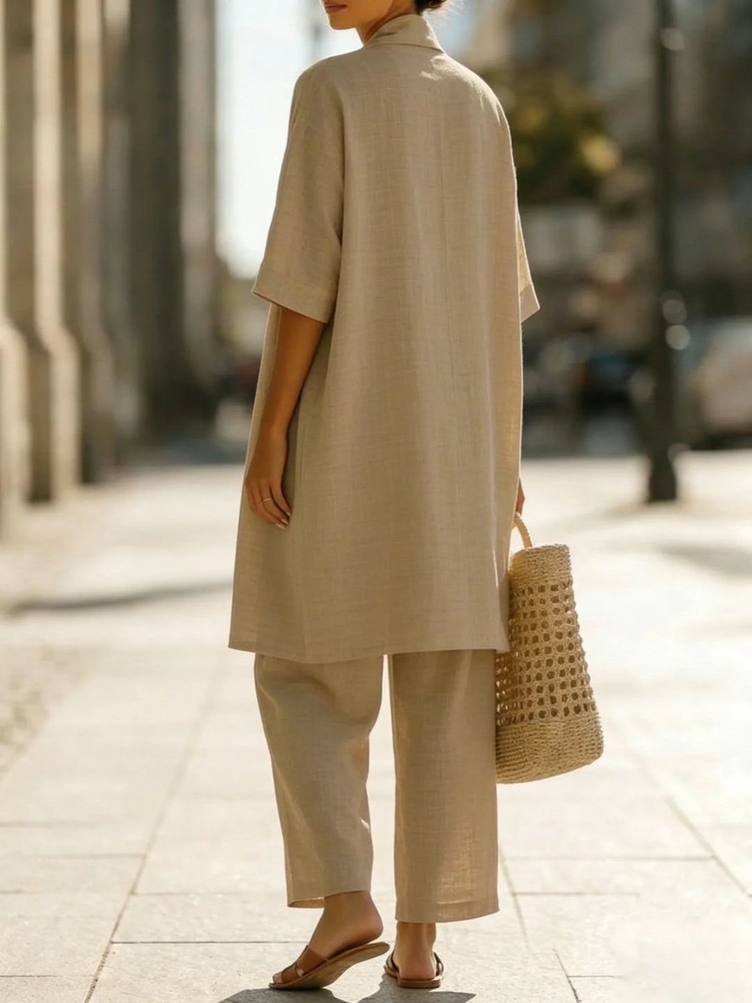 Elegante completo donna estivo in lino 3 pezzi: pantaloni palazzo fluidi, top e cardigan chic.