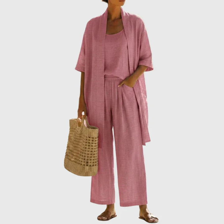 Completo estivo donna in lino, set 3 pezzi: pantaloni palazzo ampi, top e cardigan leggero per ogni occasione.