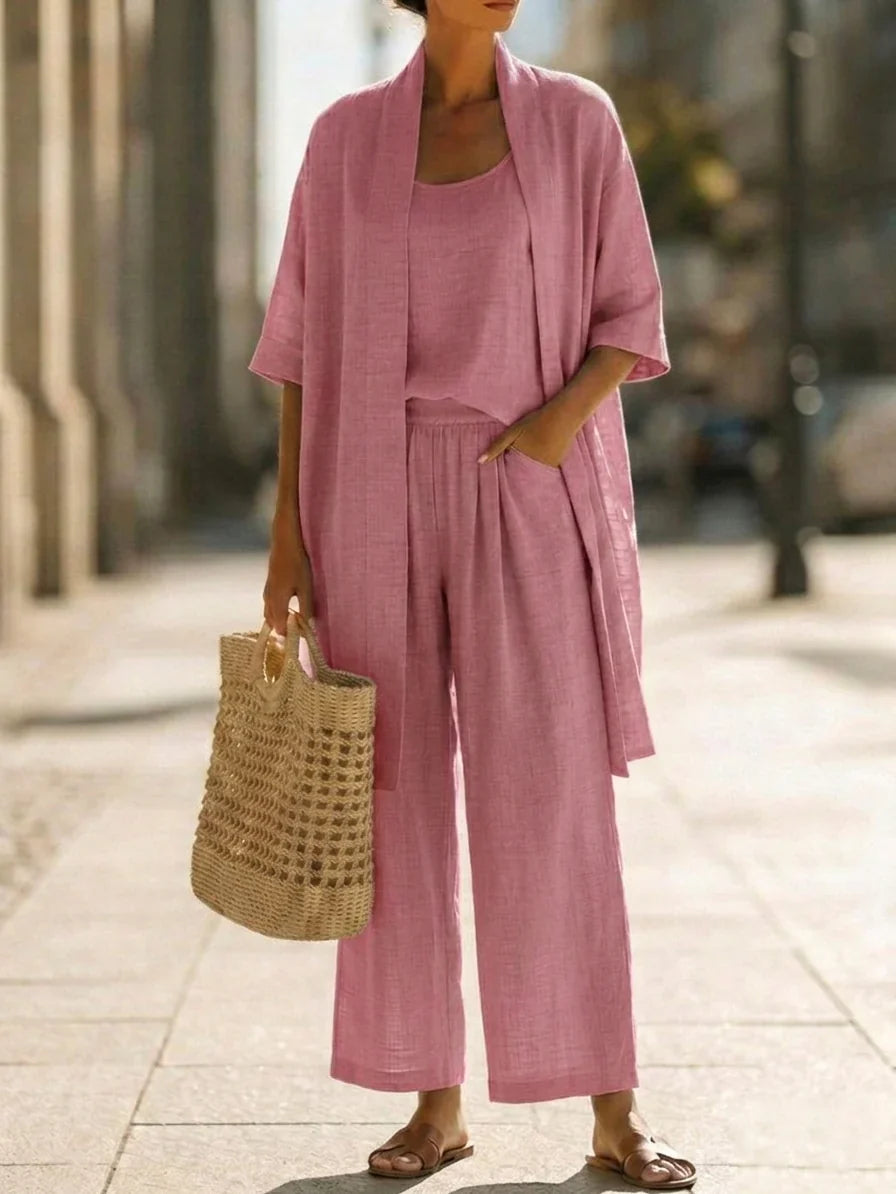 Set donna in lino di alta qualità, 3 pezzi: pantaloni palazzo comodi, top e cardigan, look estivo versatile.