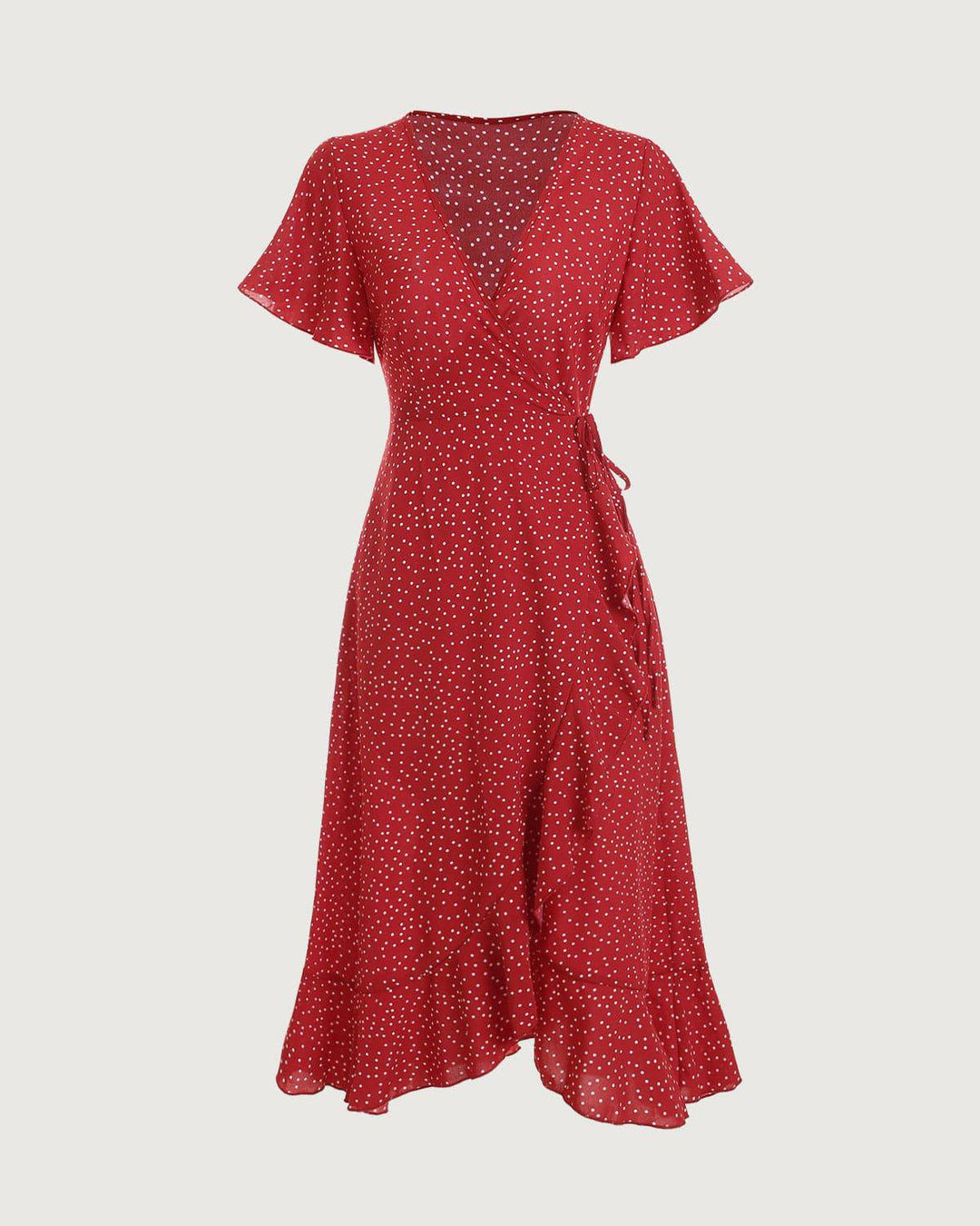 Abito midi da donna estivo con pois rossi. Modello a portafoglio fluido, comodo ed elegante per giornate calde.