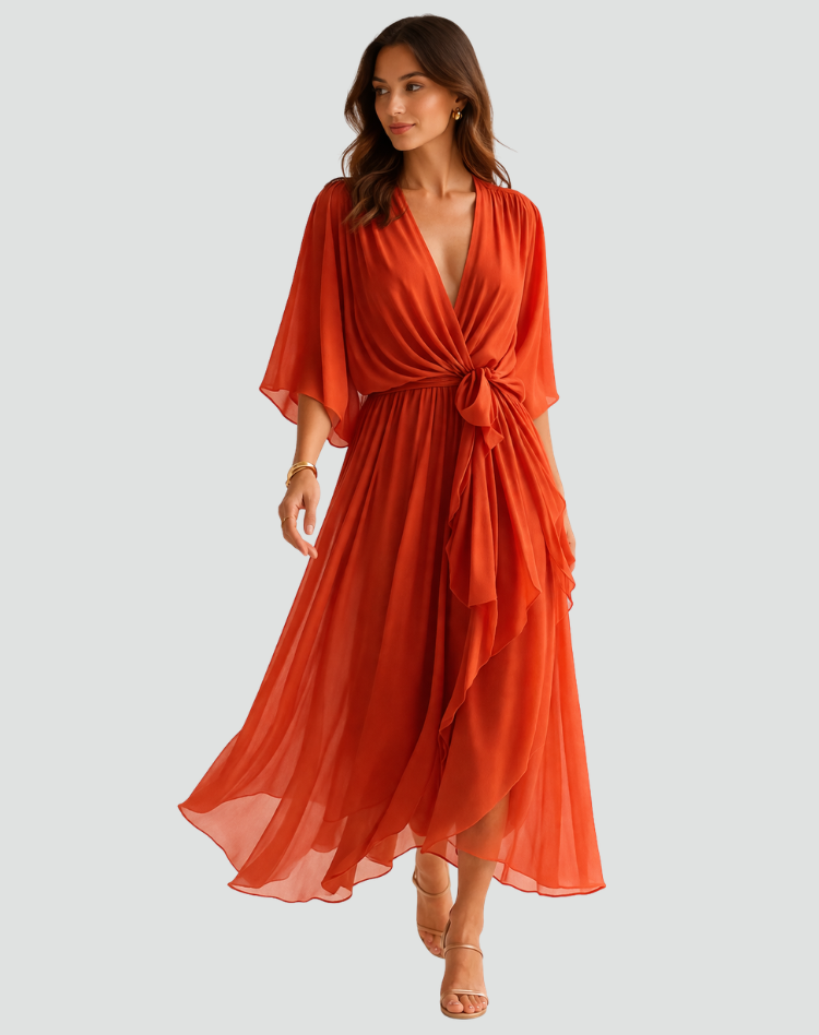Abito midi elegante da donna, scollo incrociato, cintura, vestito casual chic moda femminile.