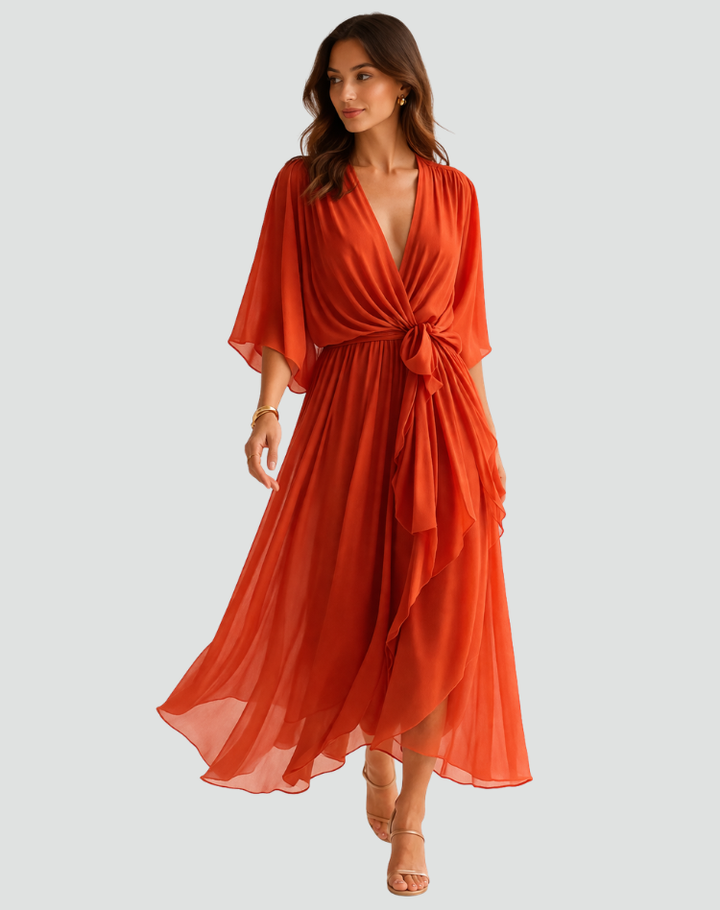 Abito midi elegante da donna, scollo incrociato, cintura, vestito casual chic moda femminile.