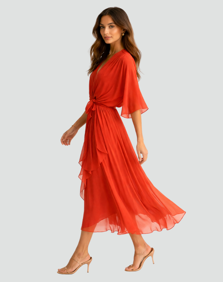 Abito midi donna, design chic con scollo a V incrociato, cintura definisce la figura, tessuto leggero.