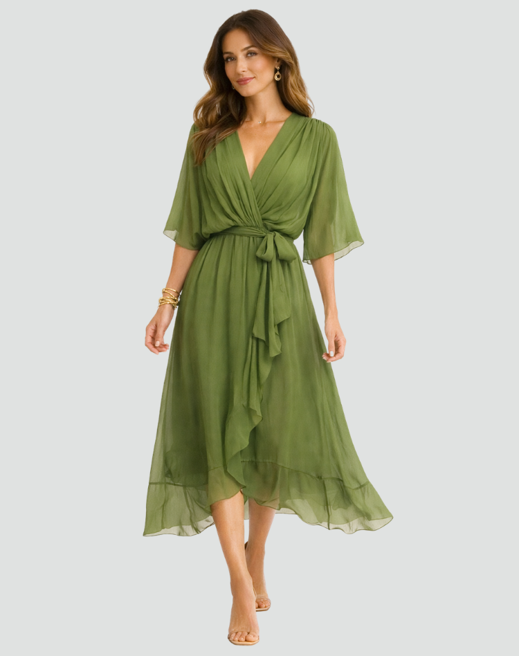 Vestito midi donna scollo a V incrociato, design elegante con cintura in tessuto leggero.
