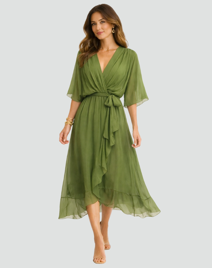 Vestito midi donna scollo a V incrociato, design elegante con cintura in tessuto leggero.