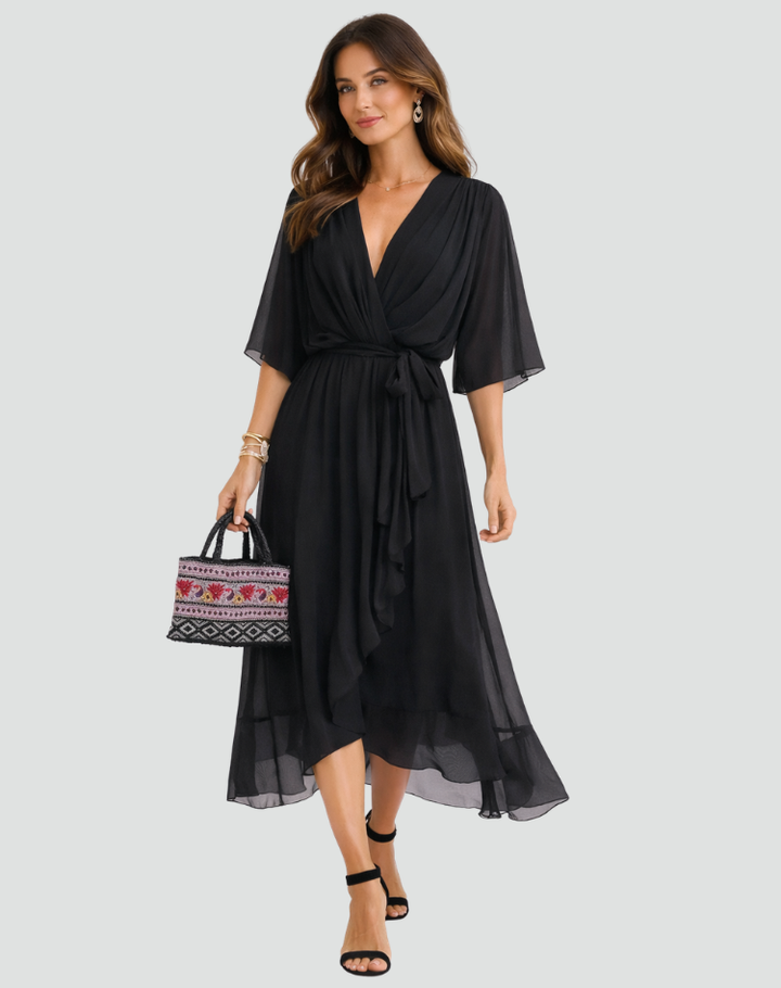 Abito midi da donna, look sofisticato con scollo incrociato e cintura per stile casual chic.