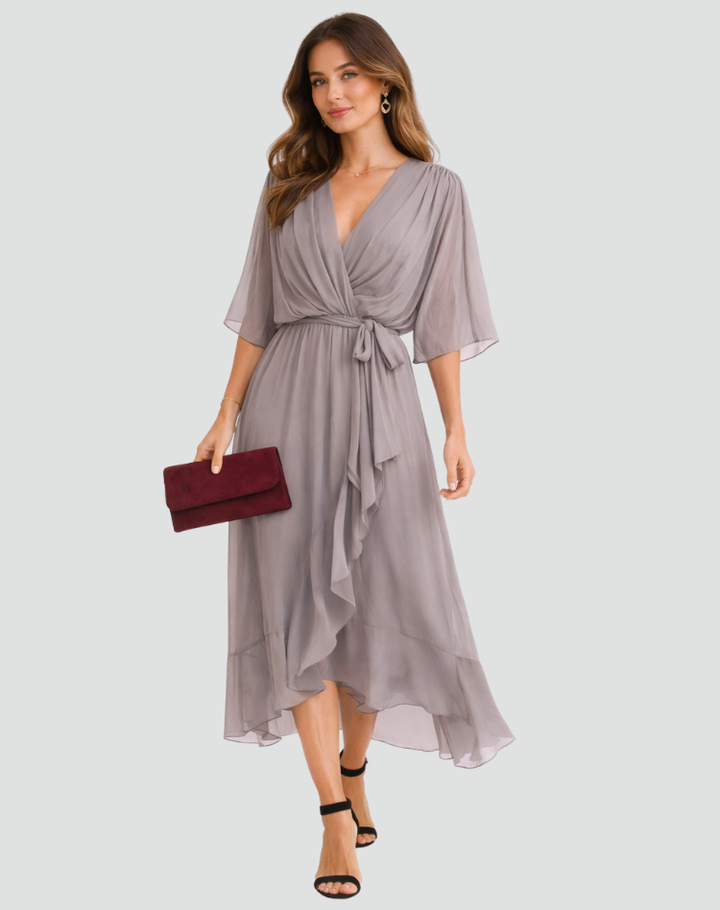 Elegante abito midi donna con scollo incrociato profondo e cintura, perfetto per ogni occasione.