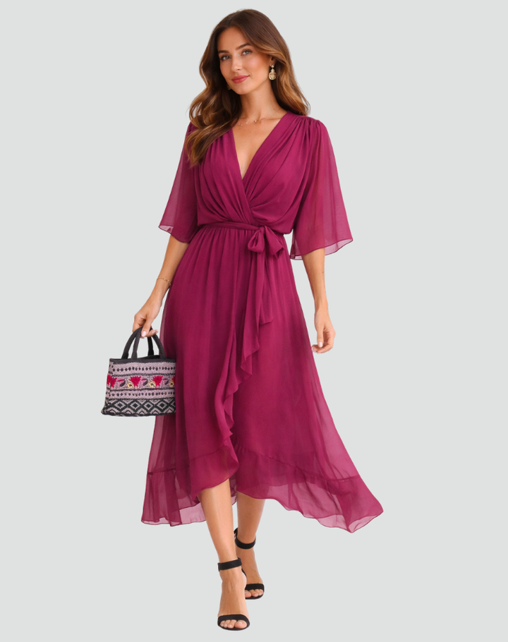 Abito midi femminile con scollo a V incrociato, cintura regolabile, ideale per moda casual chic.
