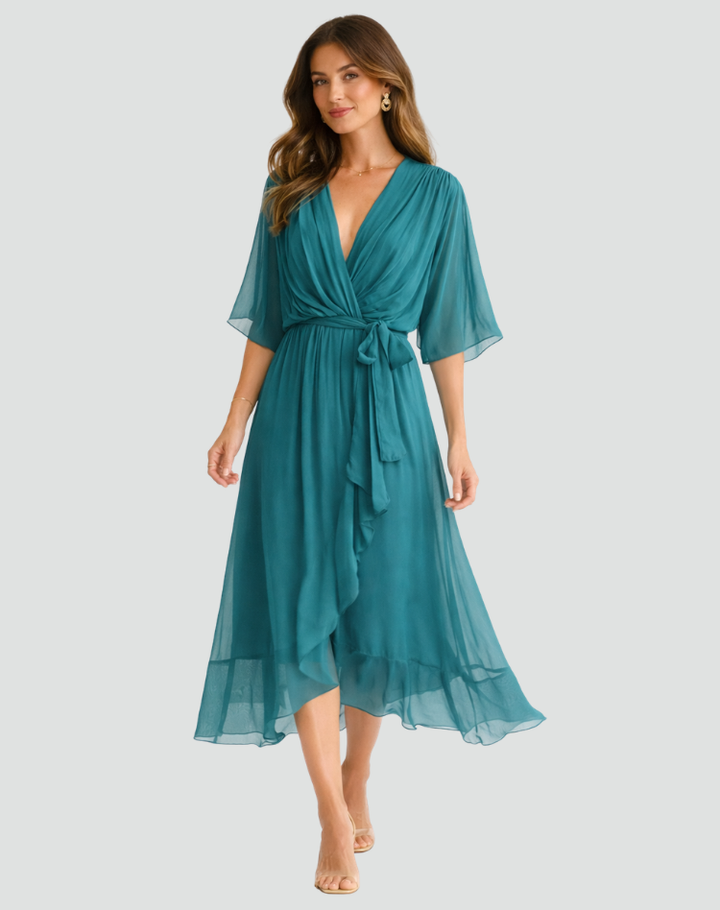 Abito midi da donna, tessuto leggero, scollo incrociato, cintura, look versatile ed elegante.