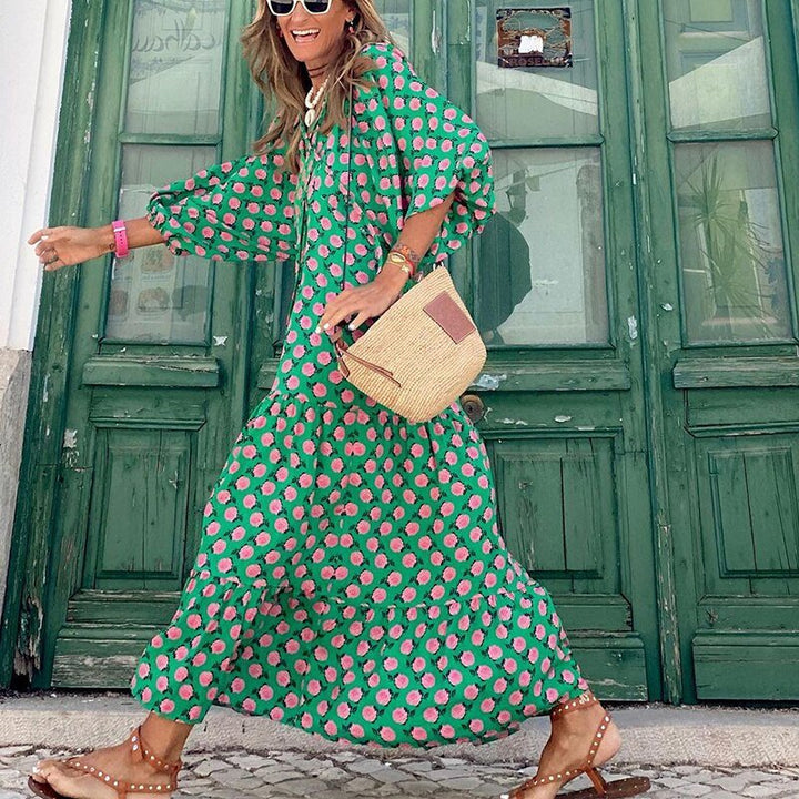 Elegante maxi abito donna estivo verde blu fluido. Perfetto per serate, eventi o look boho chic da giorno.