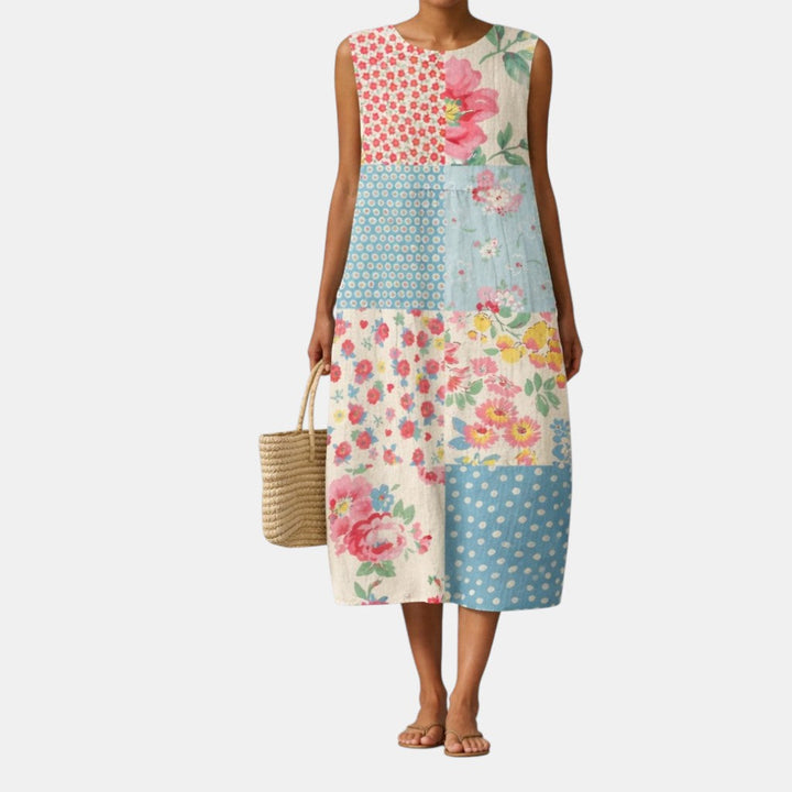 Vestito midi donna floreale patchwork con scollo rotondo, mix di comfort e stile vintage per il quotidiano.