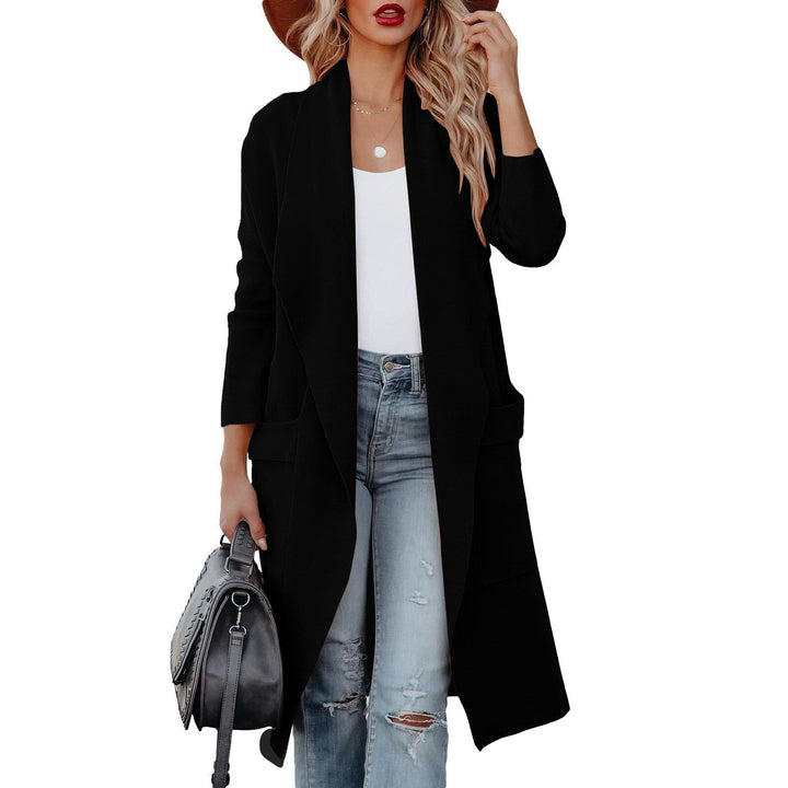 Giacca lunga aperta donna rosa, collo classico revers, stile casual chic, ideale per outfit moderni.