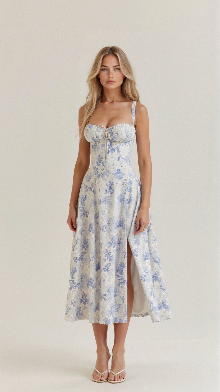Dettaglio scollo di abito midi elegante donna. Corpetto a corsetto e gonna fluida per un look versatile.