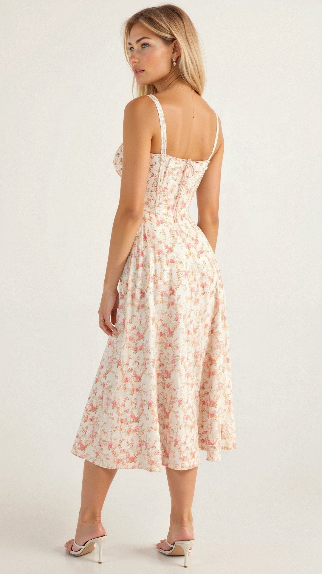 Abito elegante da donna con corpetto a corsetto, silhouette midi fluida. Vestito versatile per ogni occasione.