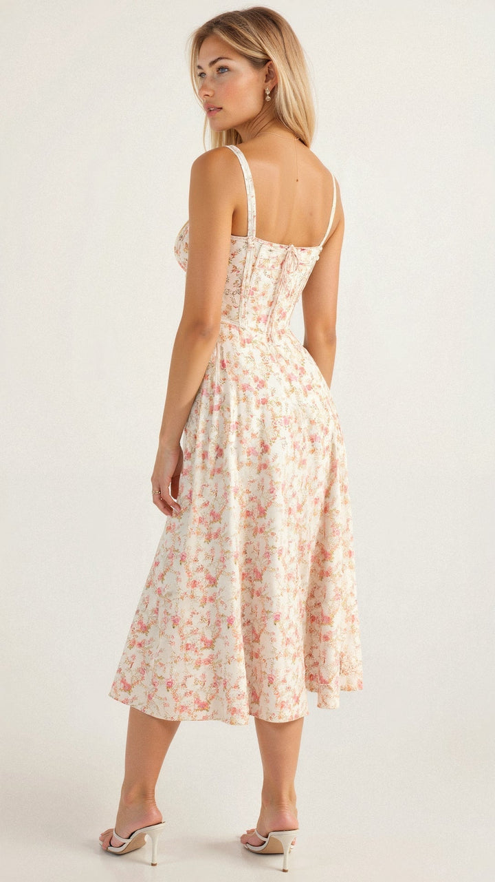 Abito elegante da donna con corpetto a corsetto, silhouette midi fluida. Vestito versatile per ogni occasione.
