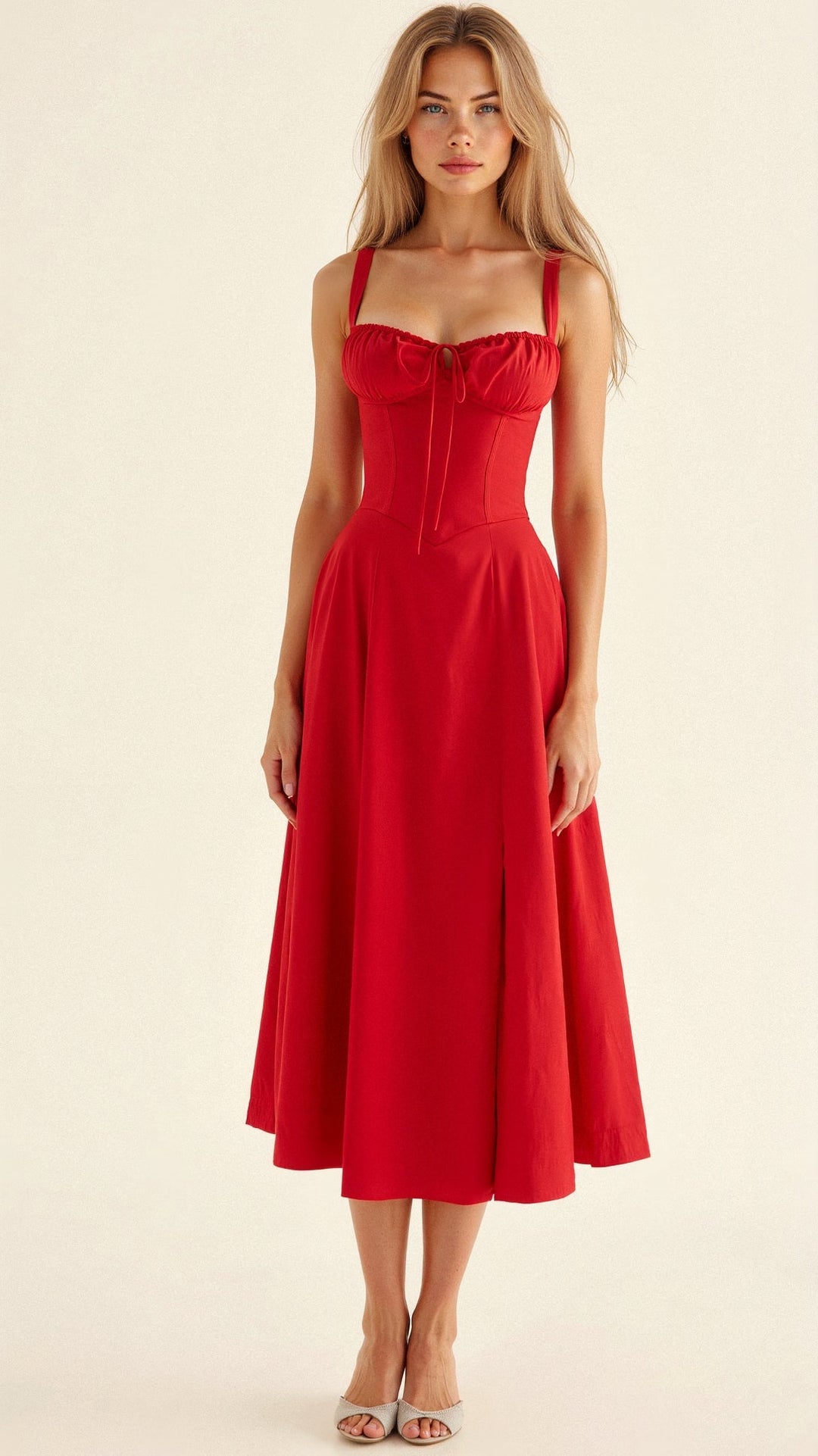 Moda donna: abito midi con corpetto corsetto e gonna fluida. Vestito elegante per estate e occasioni speciali.