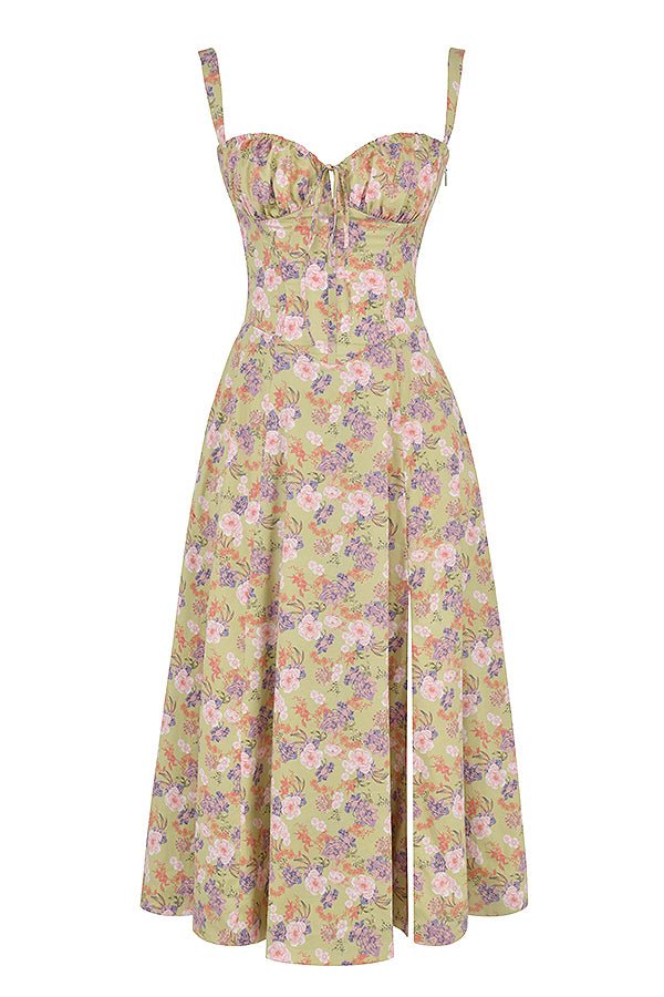 Silhouette elegante di abito midi donna con corpetto a corsetto. Vestito versatile per moda estiva.