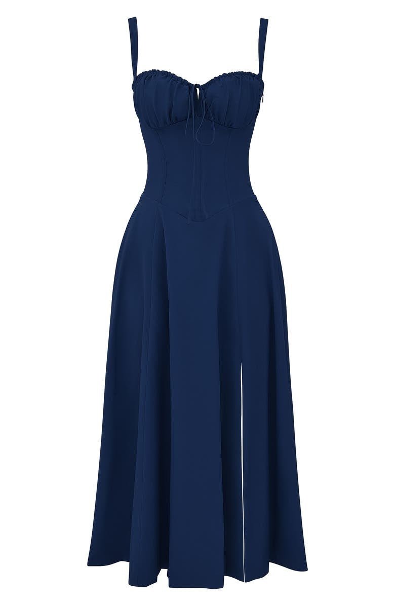 Abito da sera midi donna, corpetto elegante e gonna fluida. Look perfetto per eventi speciali.