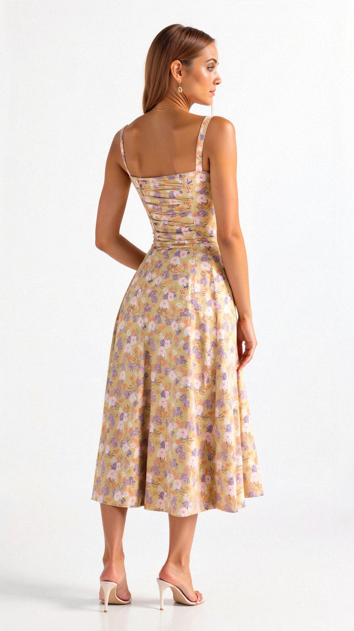 Vestito midi donna chic con corpetto strutturato e gonna svolazzante. Ideale per la moda estiva e primaverile.