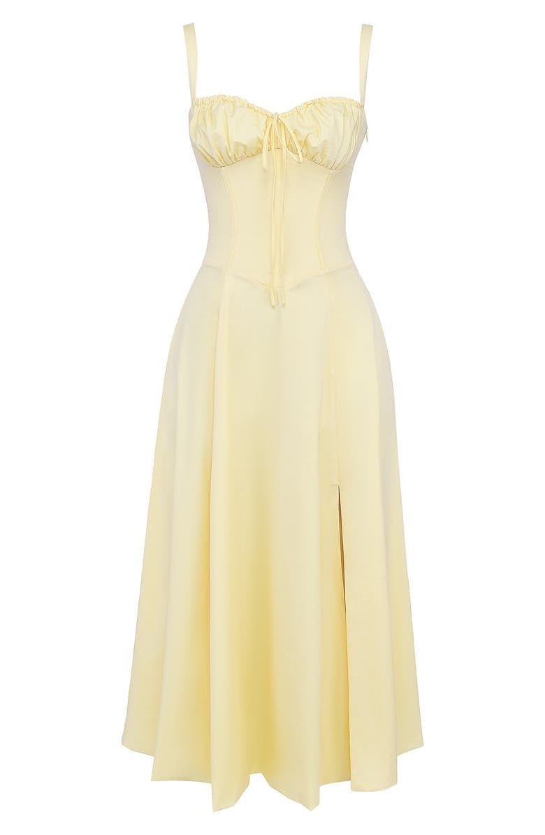 Abito midi donna con corpetto a corsetto, mostra eleganza e fluidità. Ideale per la moda estiva.