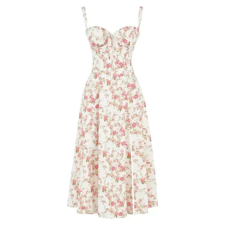 Abito midi elegante donna, dettaglio corpetto a corsetto e gonna fluida. Stile versatile e chic.