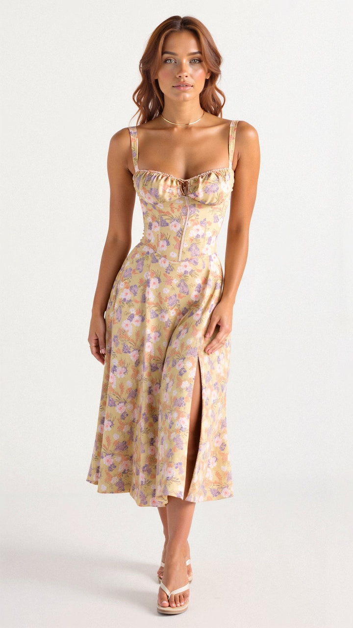Abito midi donna elegante con corpetto corsetto, gonna fluida. Perfetto per primavera/estate, cerimonia e casual.