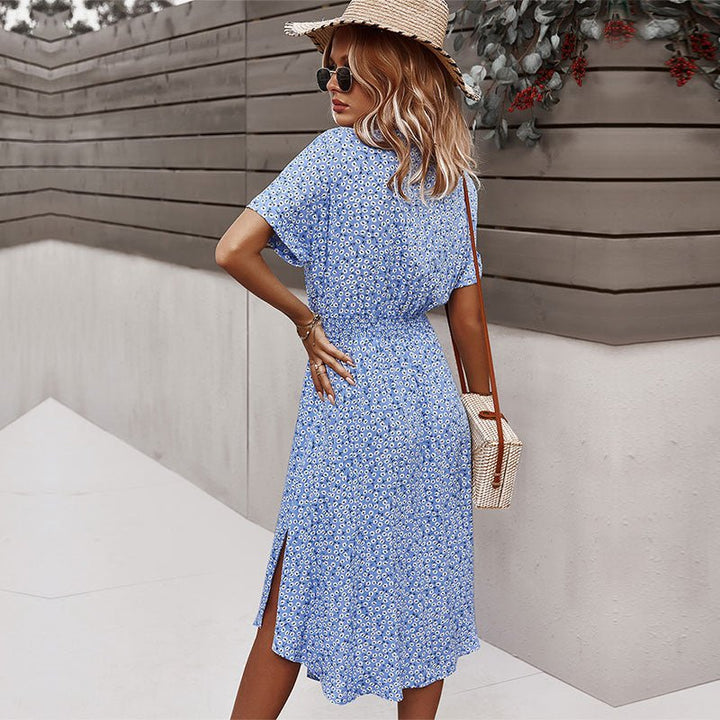 Vestito estivo midi floreale da donna, ideale per un look casual confortevole con bottoni e laccetti.