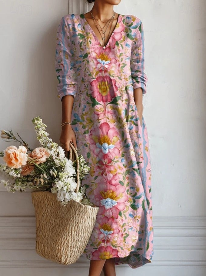 Abito midi bohemien da donna rosa con stampa, stile casual chic estivo ed elegante.