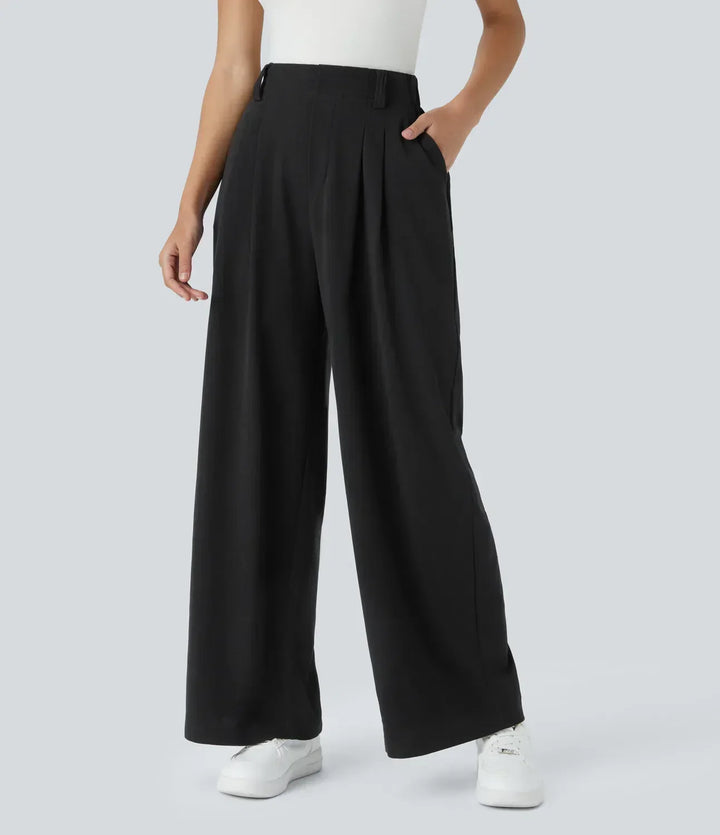 Pantaloni donna comodi a gamba larga vita alta, perfetti per look casual o ufficio, abbigliamento versatile.