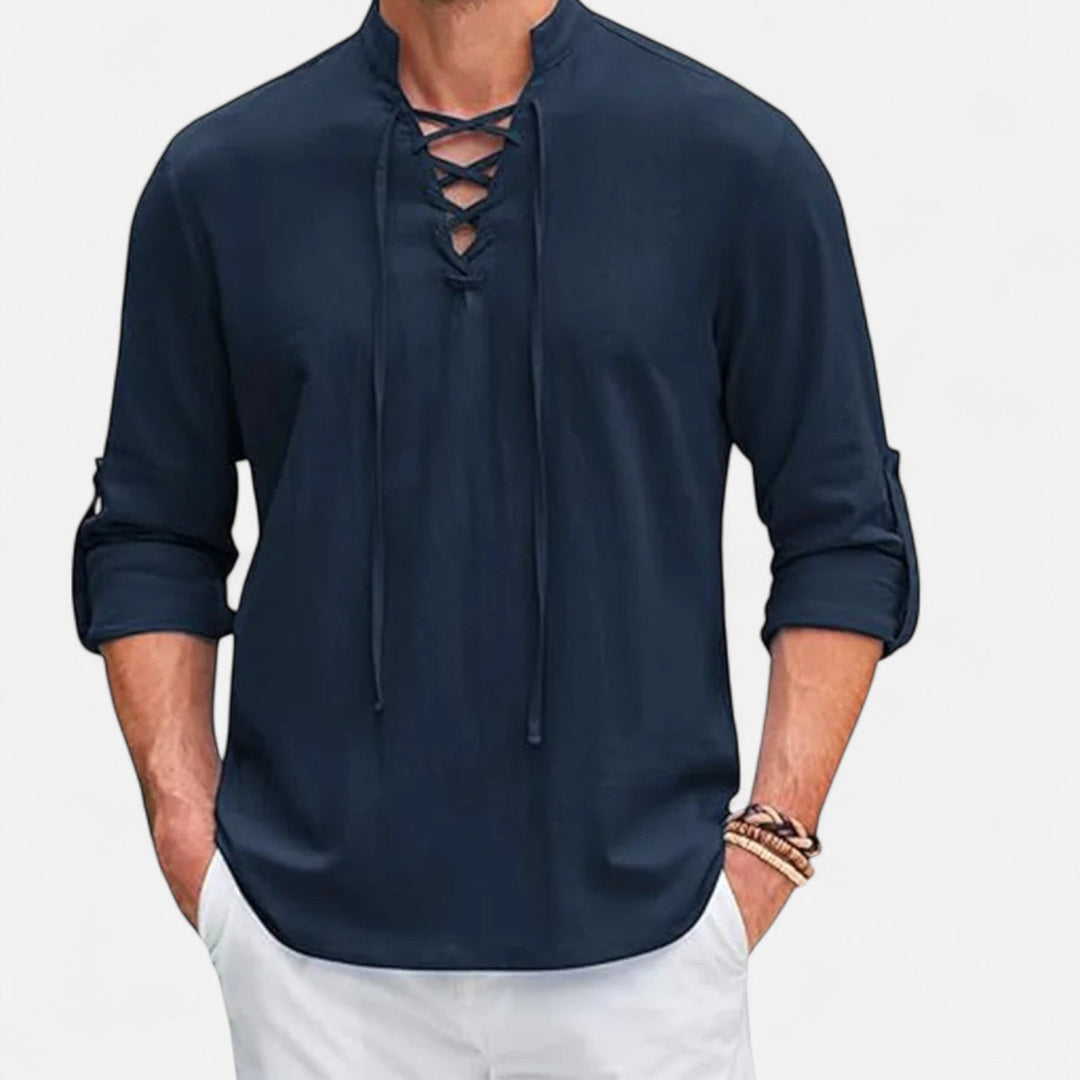 Camicia uomo stile vichingo per festival e LARP. Maniche lunghe, abbigliamento versatile per eventi a tema.