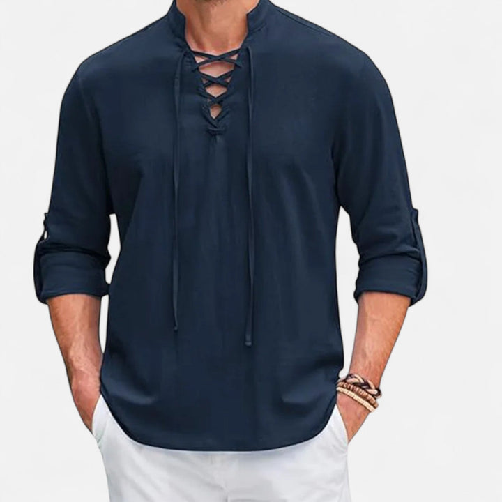 Camicia uomo stile vichingo per festival e LARP. Maniche lunghe, abbigliamento versatile per eventi a tema.
