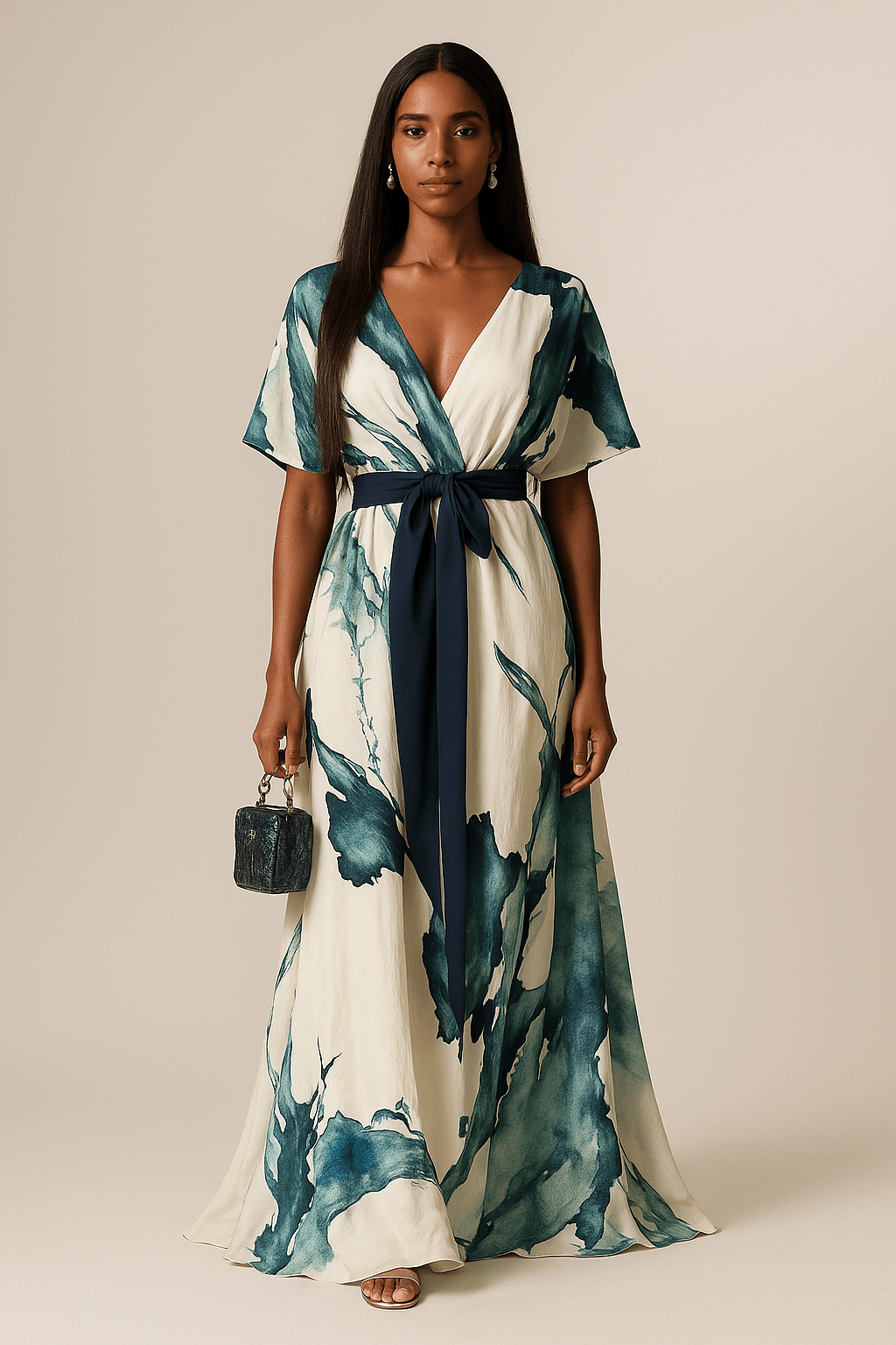 Abito lungo donna elegante con fluida stampa acquerello multicolore, perfetto per eventi estivi chic.