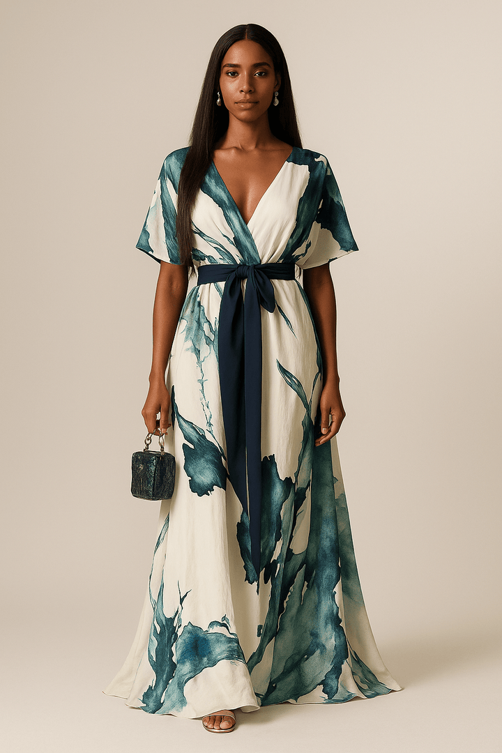 Abito lungo donna elegante con fluida stampa acquerello multicolore, perfetto per eventi estivi chic.