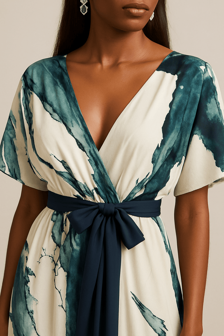 Abito lungo donna fluido ed elegante, con un'unica stampa acquerello multicolore, ideale per moda estiva.