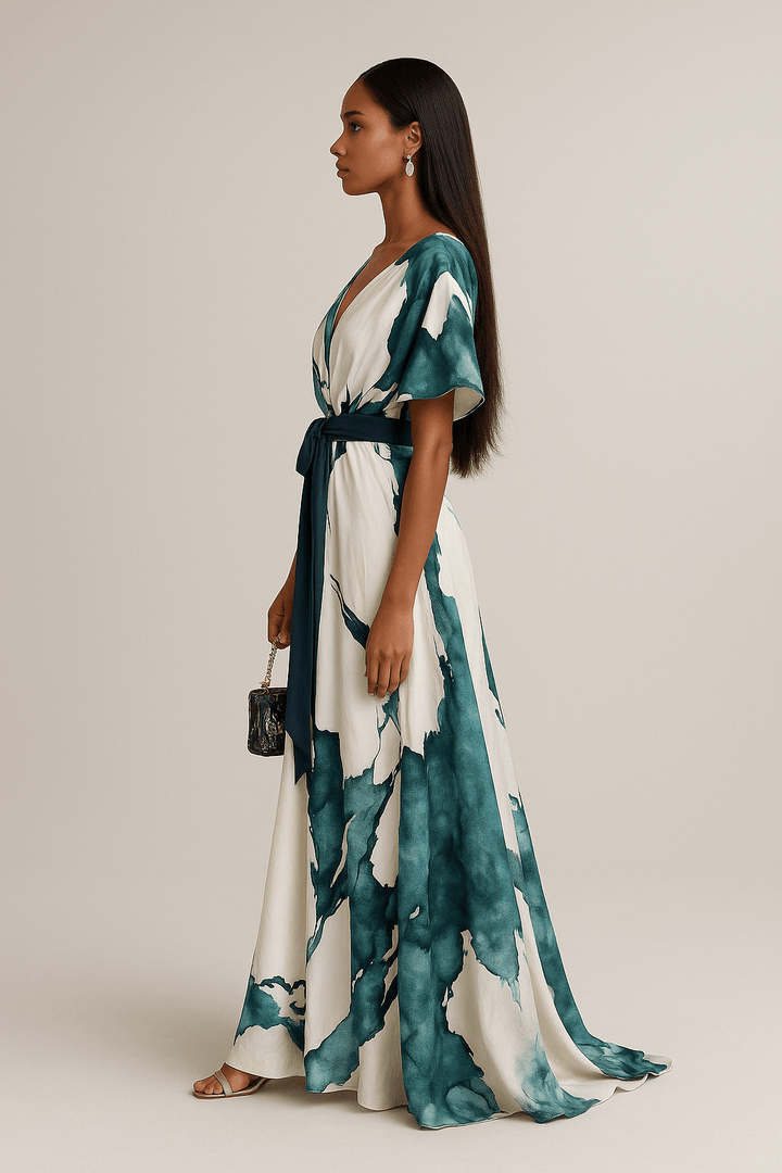 Vestito lungo donna estivo fluido con vivace stampa acquerello, versatile per giorno o sera, look elegante.