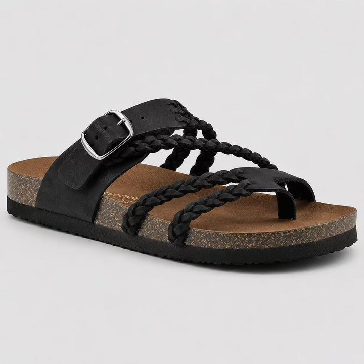 Sandali donna eleganti neri con plantare anatomico, doppia fibbia per un look casual-chic.