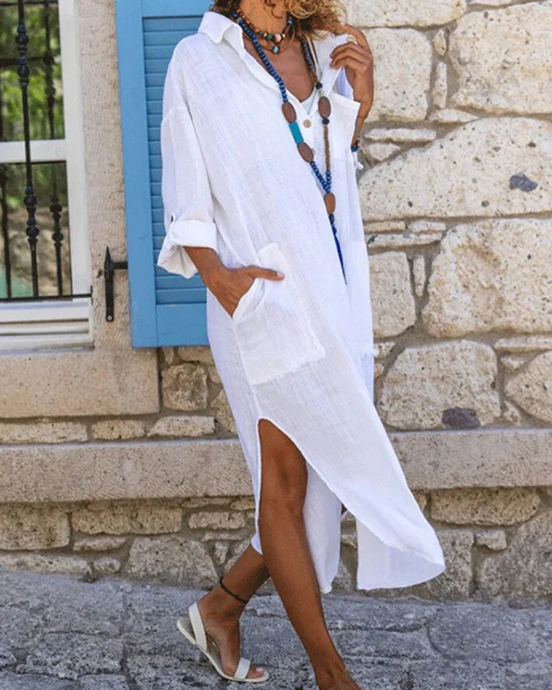 Maxi abito donna estivo asimmetrico, chemisier con colletto classico, ideale per spiaggia o look casual.