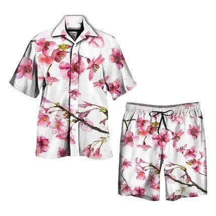Completo uomo estivo con stampa palma, ideale per la spiaggia o resort. Look casual chic con camicia e pantaloncini.